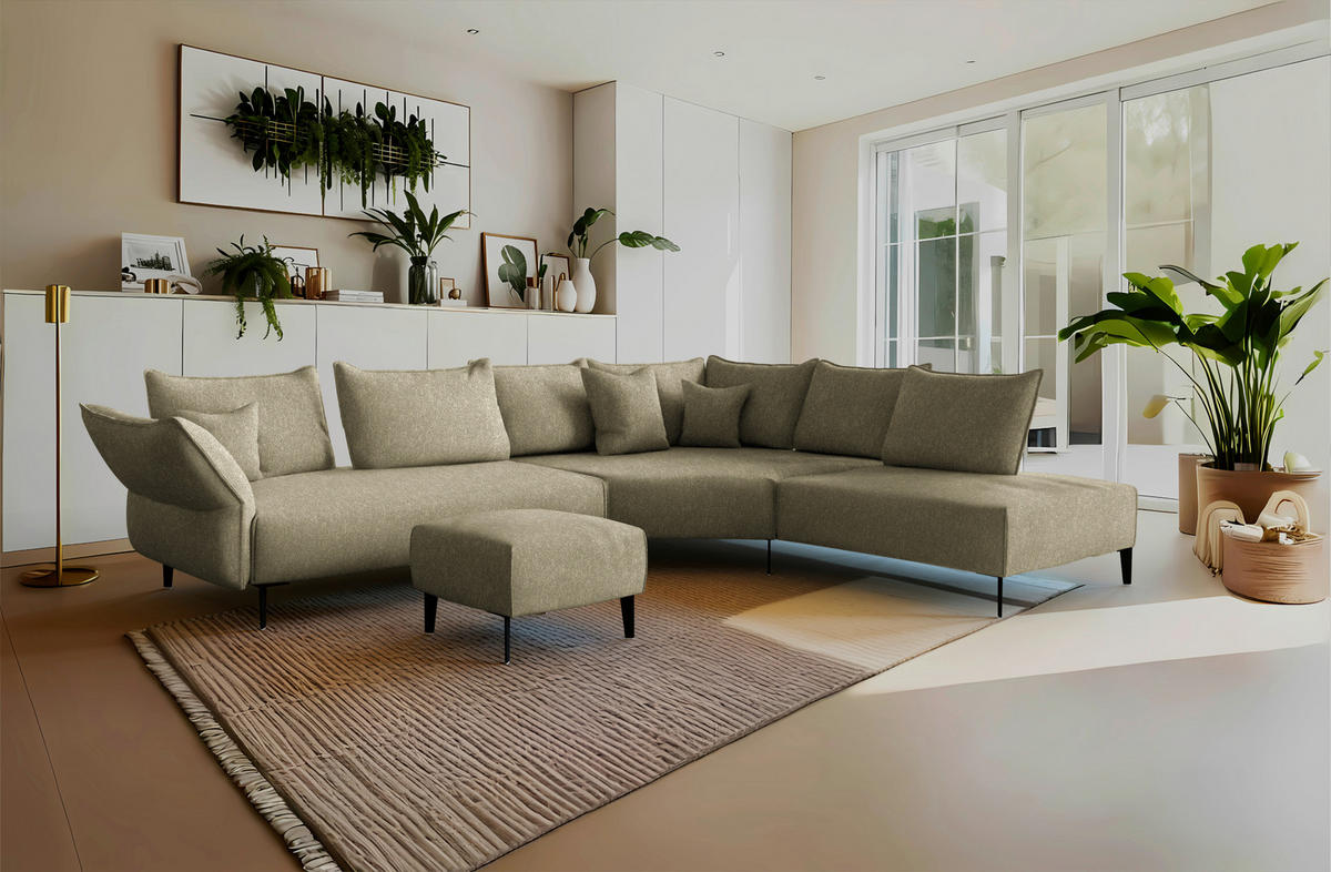 ECKSOFA Chenille, Flachgewebe Khaki  - Khaki/Schwarz, Modern, Textil/Metall (340/272cm) - W.Schillig