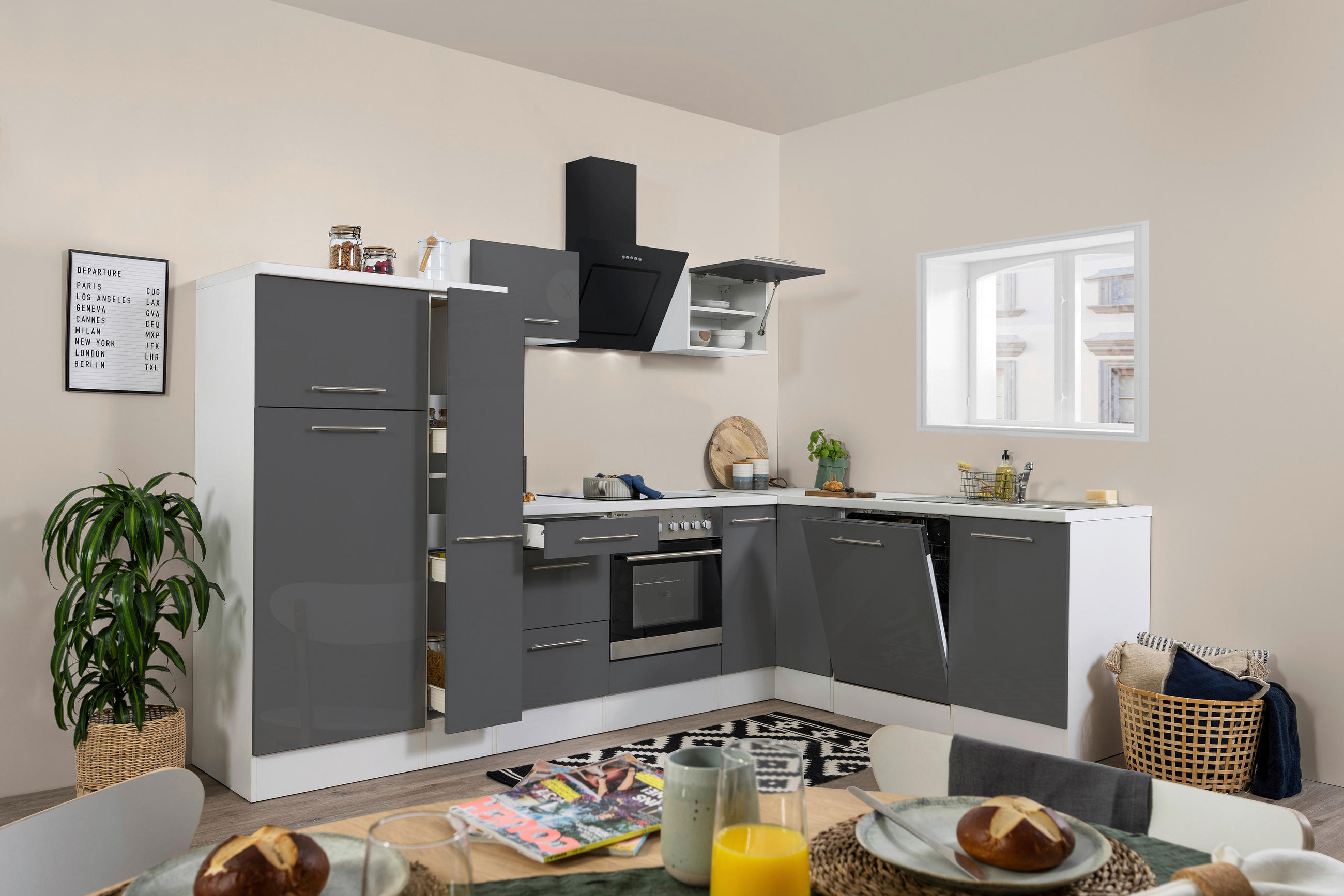 KÜCHENBLOCK Grau, Weiß E-Geräte, Spüle, Soft-Close-System, Geschirrspüler, Kühlgefrierkombination, Geschirrspülerblende, Dunstabzug - Edelstahlfarben/Weiß, KONVENTIONELL, Metall (290/200cm) - Respekta