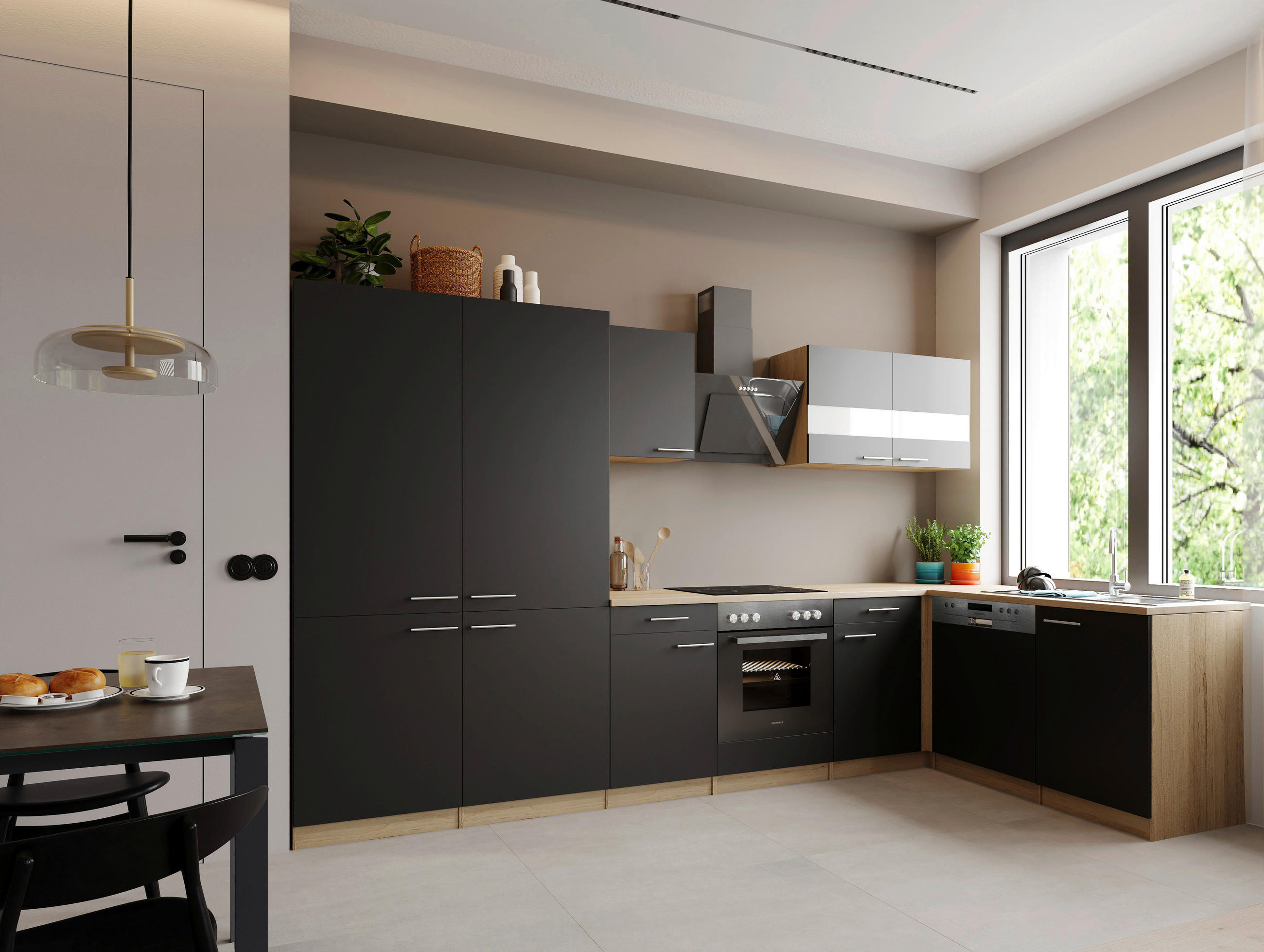 ECKKÜCHE Merle 340/172 cm  in Schwarz  - Edelstahlfarben/Eichefarben, Trend, Holzwerkstoff/Metall (340/172cm) - Respekta