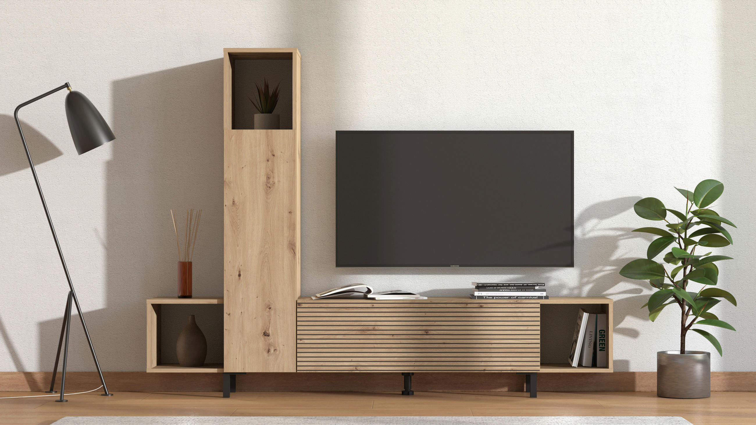 REGALKOMBINATION - Schwarz/Eiche Artisan, Natur, Holzwerkstoff (184/138/30cm) - Boxxx