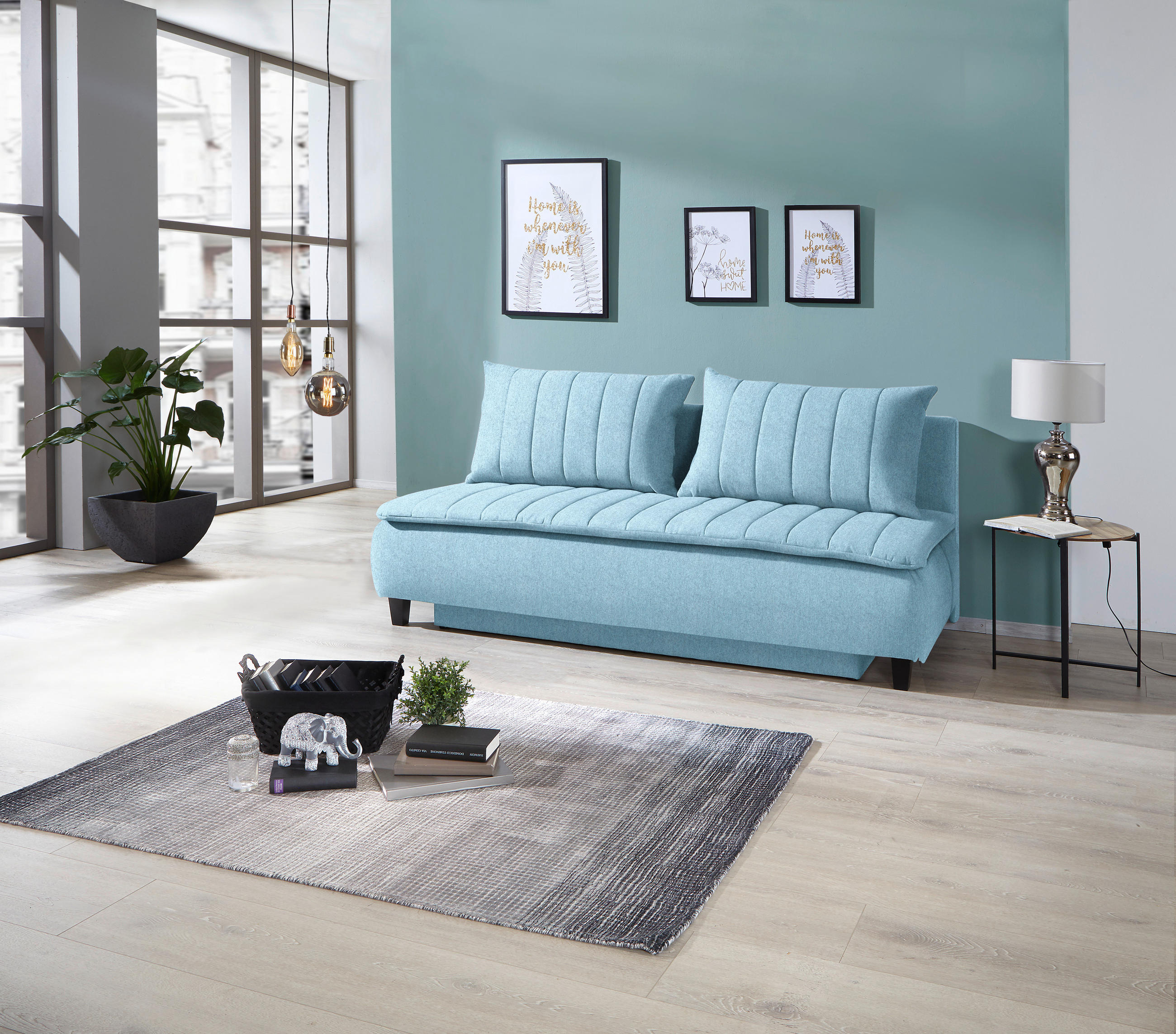 BOXSPRINGSOFA Webstoff Hellblau  - Schwarz/Hellblau, MODERN, Holz/Textil (208/102/96cm) - MID.YOU
