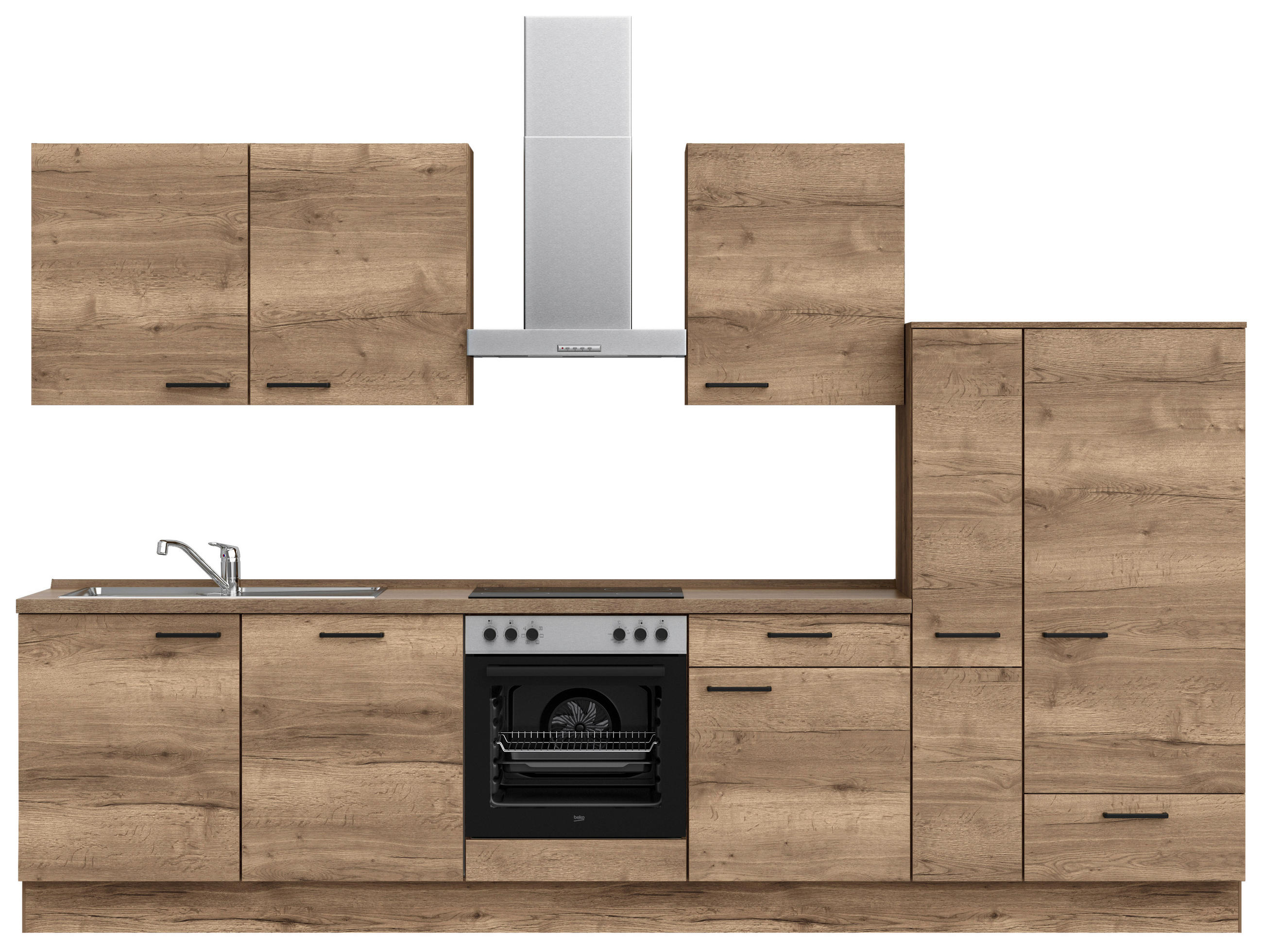 KÜCHENBLOCK 330 cm   in Eiche dunkel  - Eiche dunkel/Eichefarben, MODERN, Holzwerkstoff/Metall (330cm) - Nobilia