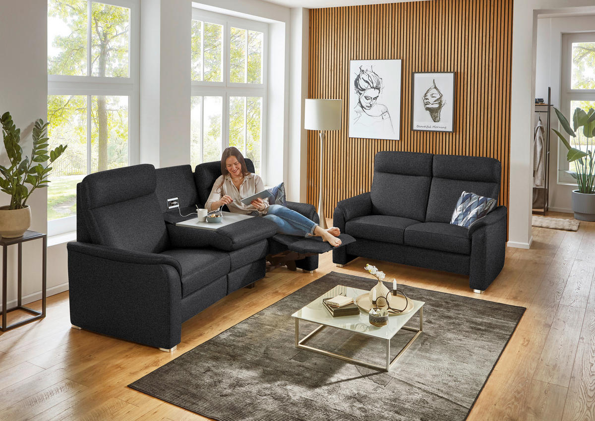 TRAPEZSOFA Flachgewebe Schwarz  - Alufarben/Schwarz, Konventionell, Textil/Metall (218/107/103cm) - Beldomo Comfort