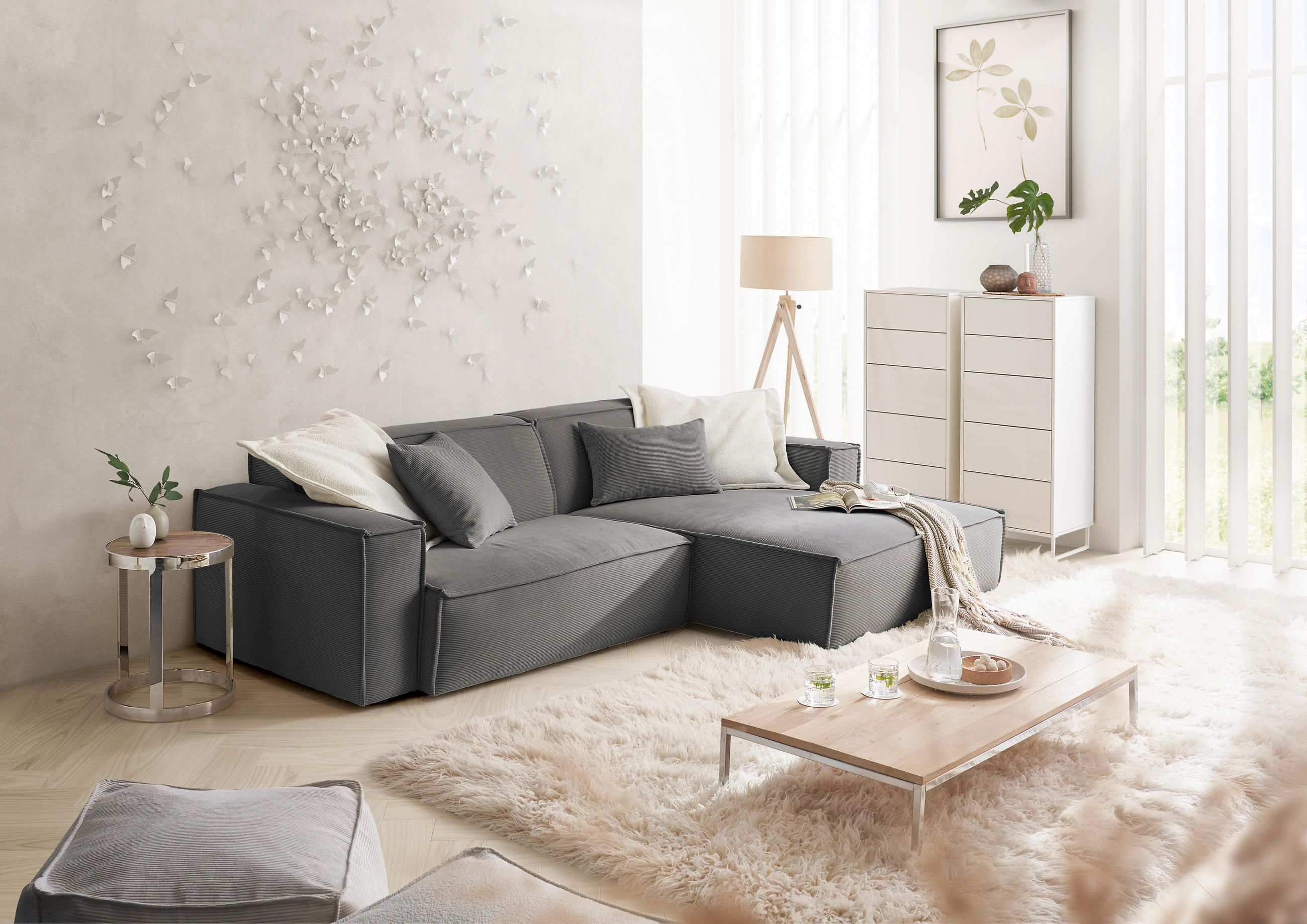 ECKSOFA in Feincord Anthrazit  276/168 cm  - Anthrazit/Schwarz, KONVENTIONELL, Kunststoff/Textil (276/168cm) - Hom`in