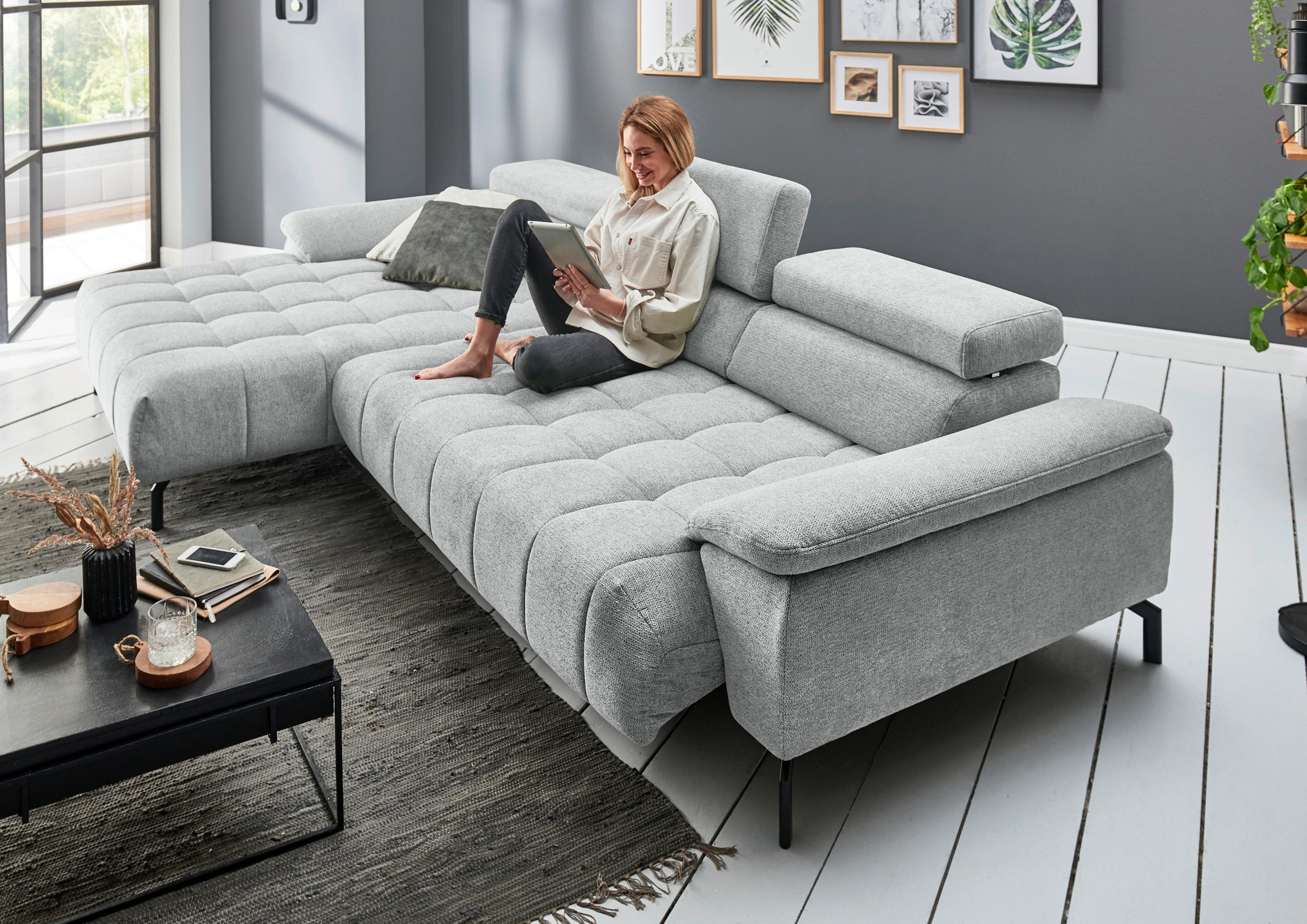 Thumbnail - Beldomo Style Ecksofa, Grauweiß, Textil, Uni, 3-Sitzer, Ottomane links, L-Form, 329x190 cm, erweiterbar, Fußauswahl, Sto...