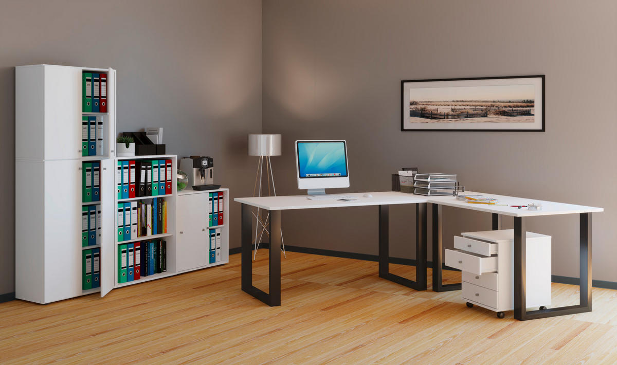 ECKSCHREIBTISCH 220/220/76 cm  in Schwarz, Weiß  - Schwarz/Weiß, MODERN, Holzwerkstoff/Metall (220/220/76cm) - MID.YOU