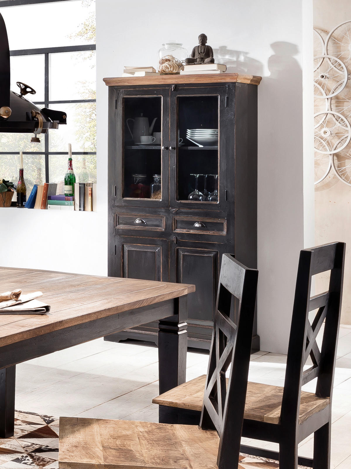 VITRINE  in massiv Mangoholz Schwarz, Honig  - Messingfarben/Schwarz, Design, Glas/Holz (90/180/40cm) - MID.YOU