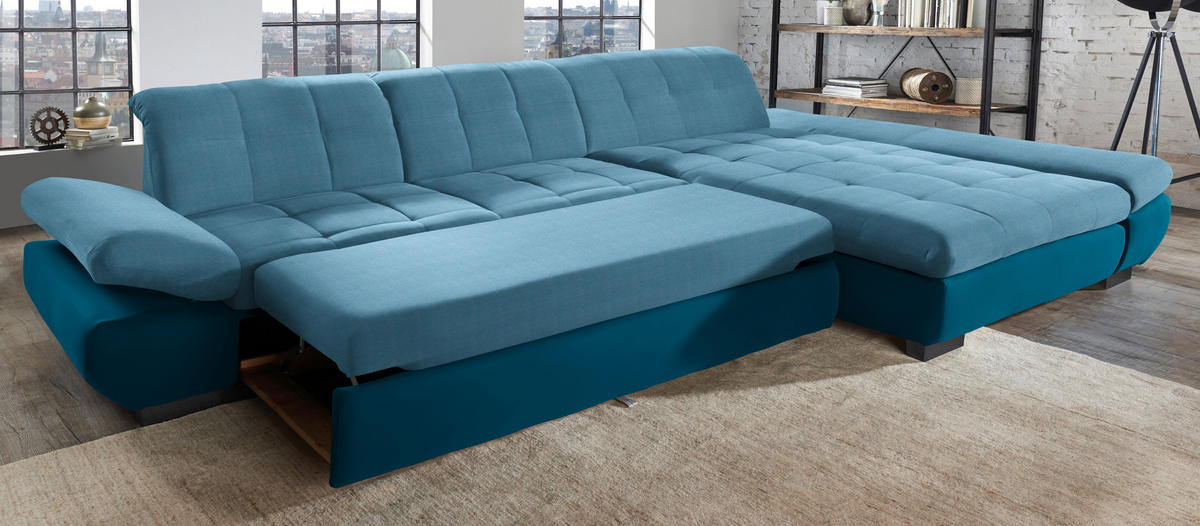 ECKSOFA in Mikrofaser Hellblau  204/341 cm  - Schwarz/Hellblau, Design, Textil/Metall (204/341cm) - Xora