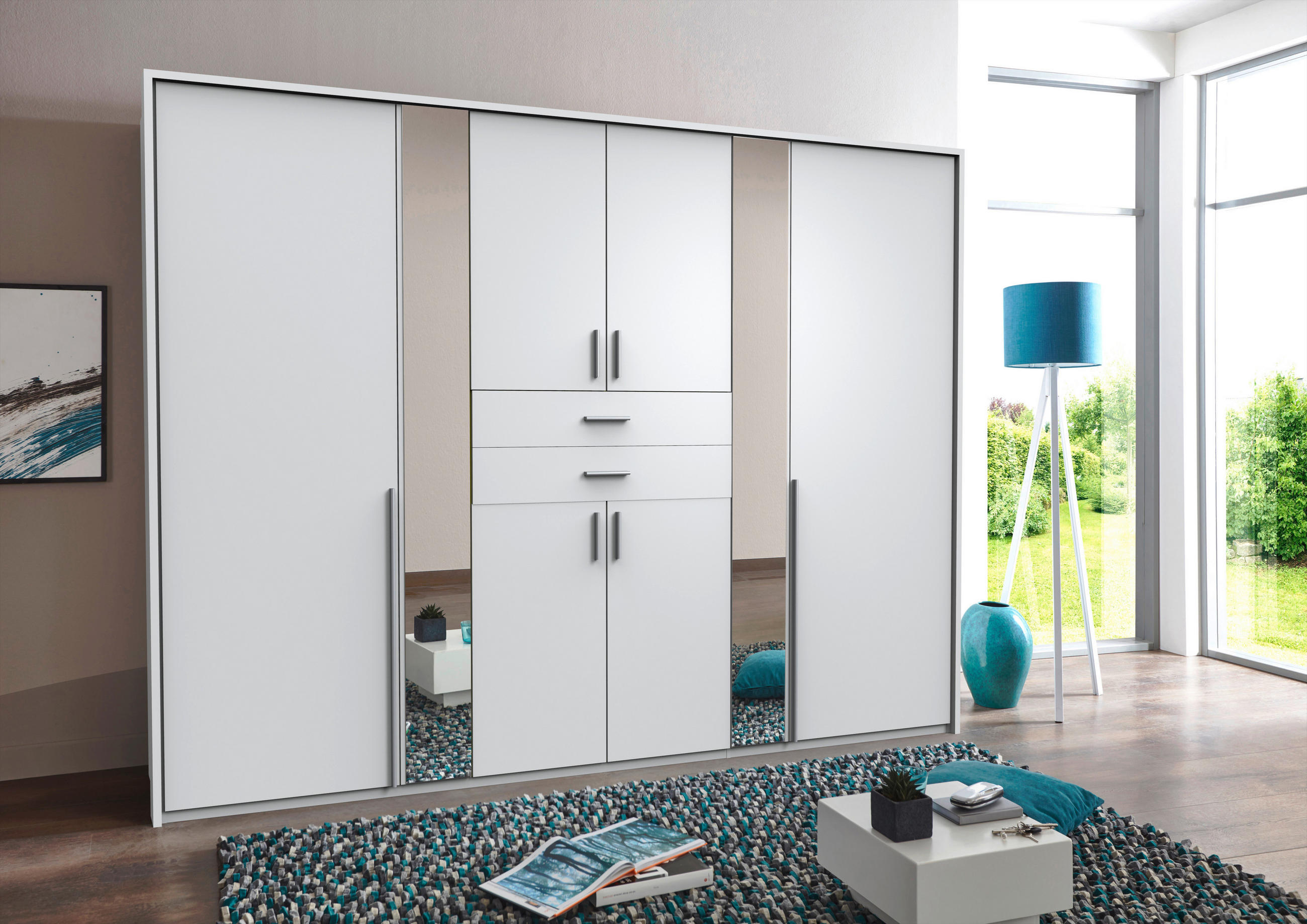 KLEIDERSCHRANK 8-türig Weiß - Alufarben/Weiß, KONVENTIONELL, Glas/Holzwerkstoff (270/210/58cm) - Carryhome