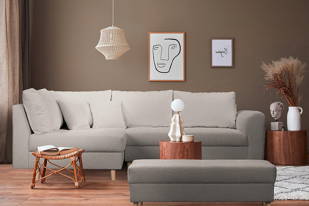 ECKSOFA  in Bouclé Grau  161/231 cm  - Naturfarben/Grau, Design, Holz/Textil (161/231cm) - Livetastic