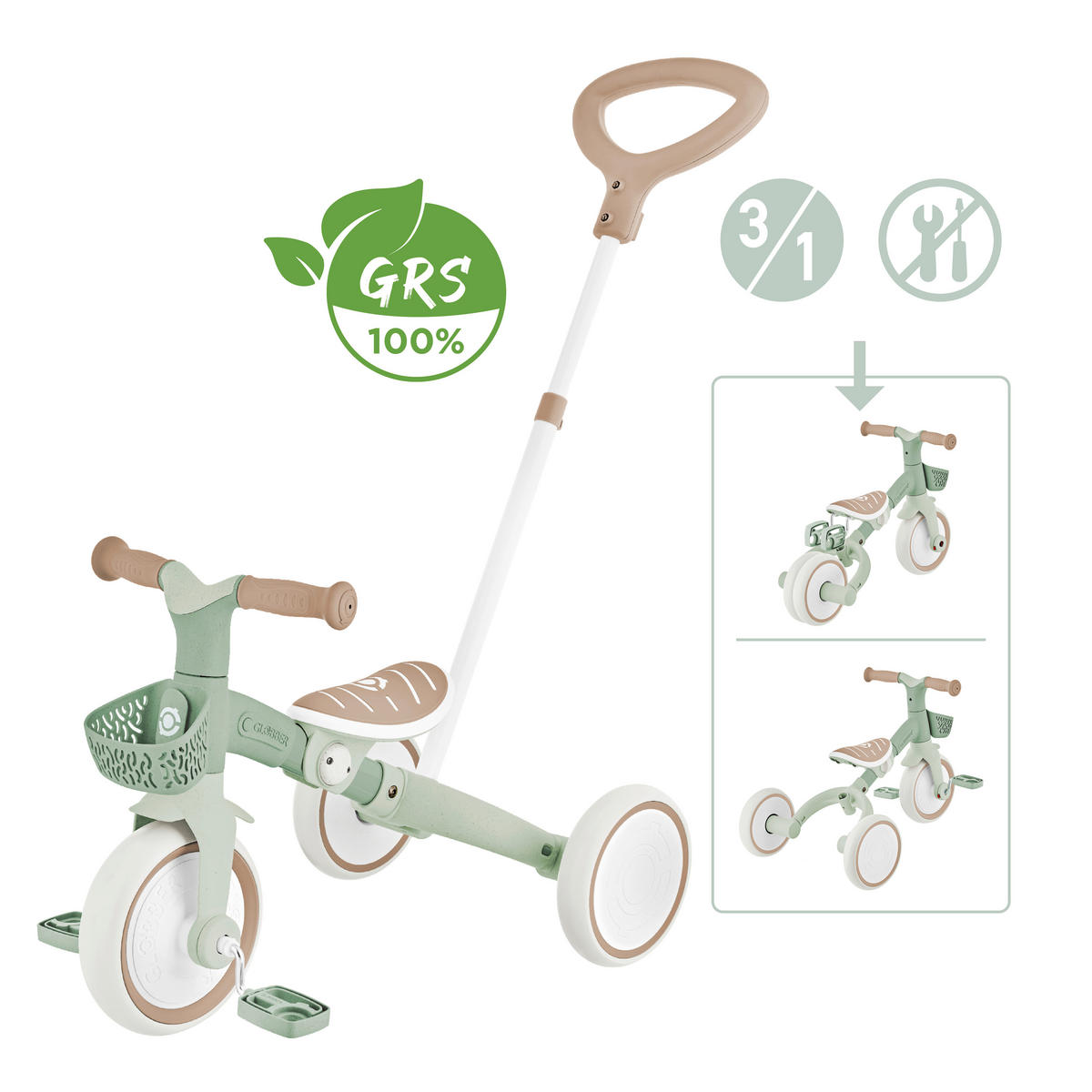DREIRAD LEARNING TRIKE 2in1 PLUS ECO  - Salbeigrün, Basics, Kunststoff (62.2/42.1/84.3cm) - GLOBBER