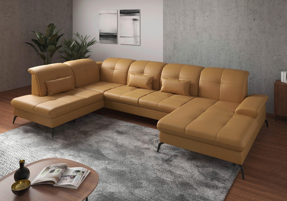 WOHNLANDSCHAFT Currygelb Echtleder  - Currygelb/Schwarz, KONVENTIONELL, Leder/Metall (231/357/185cm) - Sit & More