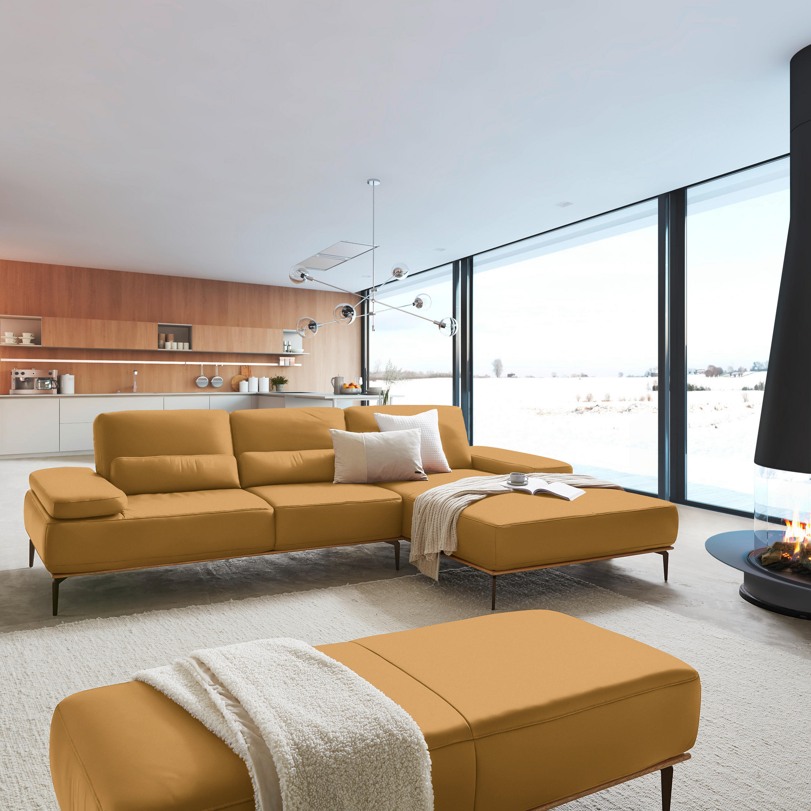 ECKSOFA in Echtleder Currygelb  314/176 cm  - Currygelb/Bronzefarben, Design, Leder/Holz (314/176cm) - Valnatura