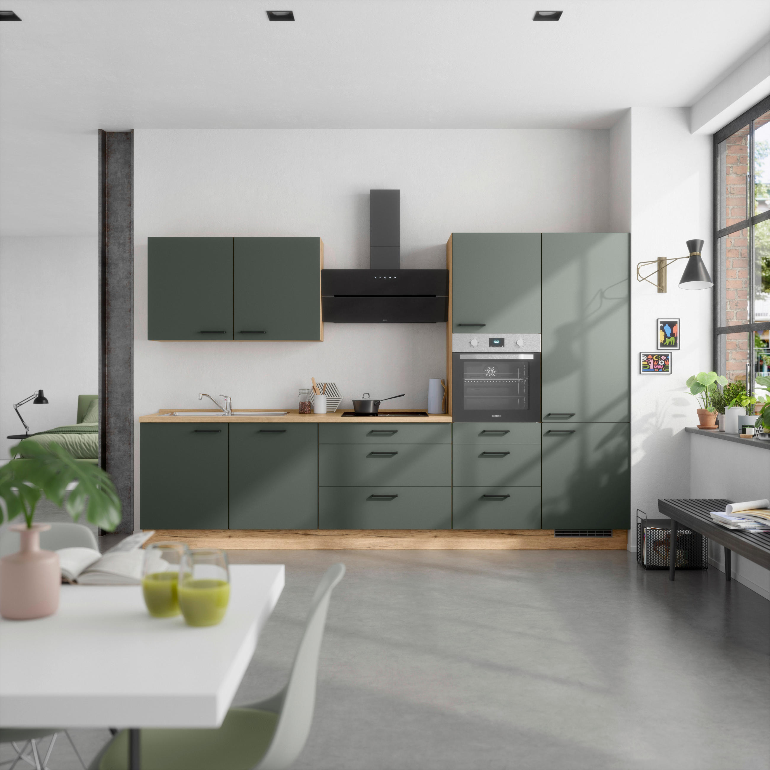 KÜCHENBLOCK 330 cm   in Eichefarben, Dunkelgrün  - Dunkelgrün/Eichefarben, MODERN, Holzwerkstoff/Metall (330cm) - Nobilia