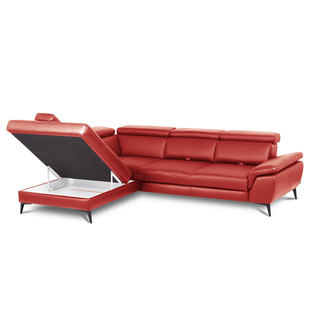 ECKSOFA Rot Echtleder Lederlook Bettkasten, Schlaffunktion, Rücken echt, Armteilverstellung, Kopfteilverstellung, Sitztiefenverstellung  - Rot/Schwarz, Design, Leder/Textil (220/274cm) - Livetastic