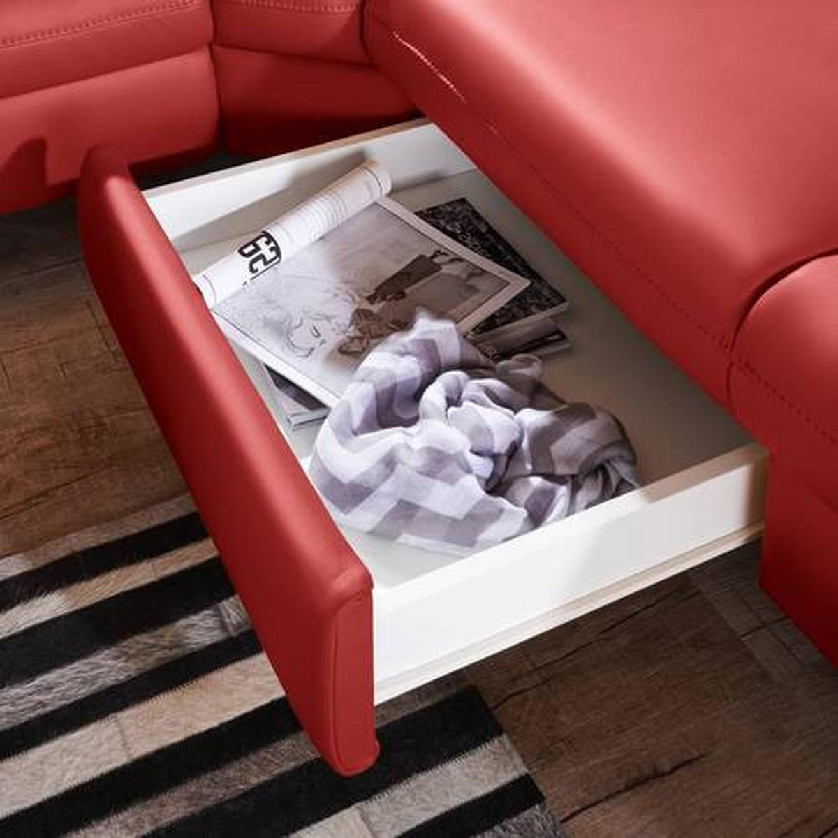 ECKSOFA in Echtleder Rot  - Rot/Alufarben, Design, Leder/Metall (271/239cm) - Cantus