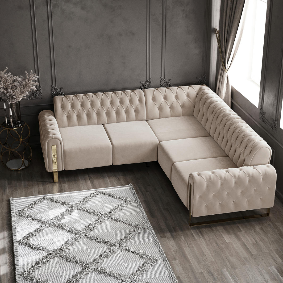 ECKSOFA  in Velours Beige  264/264 cm  - Beige/Goldfarben, KONVENTIONELL, Textil/Metall (264/264cm) - Carryhome