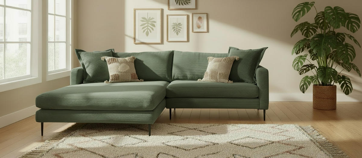 ECKSOFA JOKER in Cord Dunkelgrün  193/268 cm  - Dunkelgrün/Schwarz, Design, Textil/Metall (193/268cm) - P & B