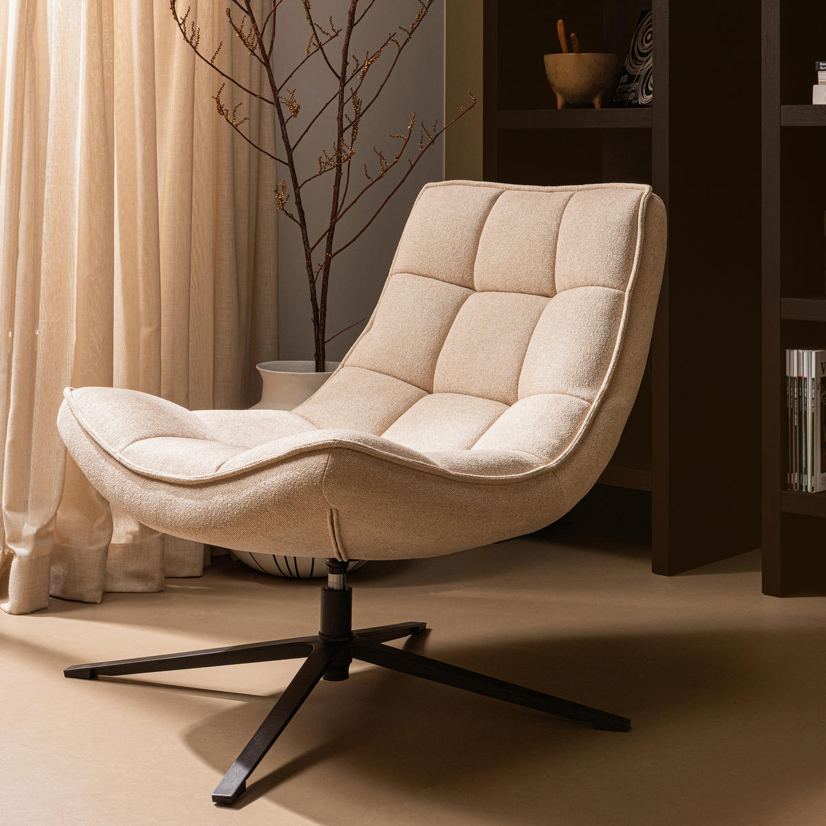 SESSEL in Webstoff Naturfarben  - Schwarz/Naturfarben, Design, Textil/Metall (74/84/86cm) - Livetastic