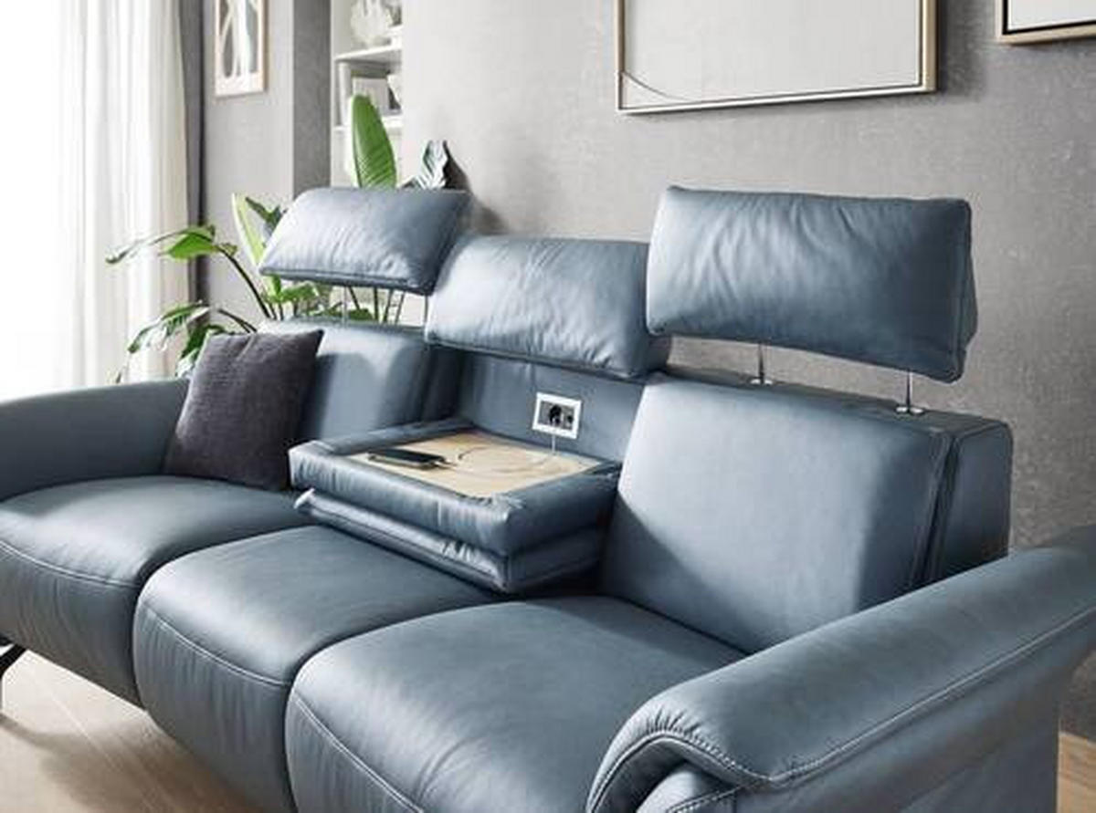 TRAPEZSOFA in Echtleder Graublau  - Graublau/Schwarz, Konventionell, Leder/Metall (221/103/95cm) - Dieter Knoll