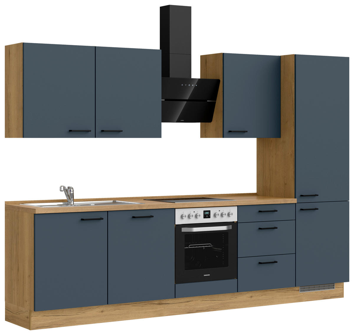 KÜCHENBLOCK 300 cm   in Eichefarben, Dunkelblau  - Eichefarben/Schwarz, MODERN, Holzwerkstoff/Metall (300cm) - Nobilia