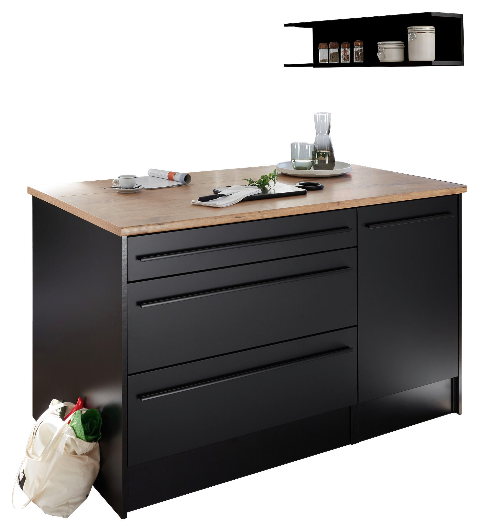 INSULĂ DE BUCĂTĂRIE 145/90/90 cm  - culoare lemn stejar/negru, Konventionell, plastic/material pe bază de lemn (145/90/90cm) - Xora