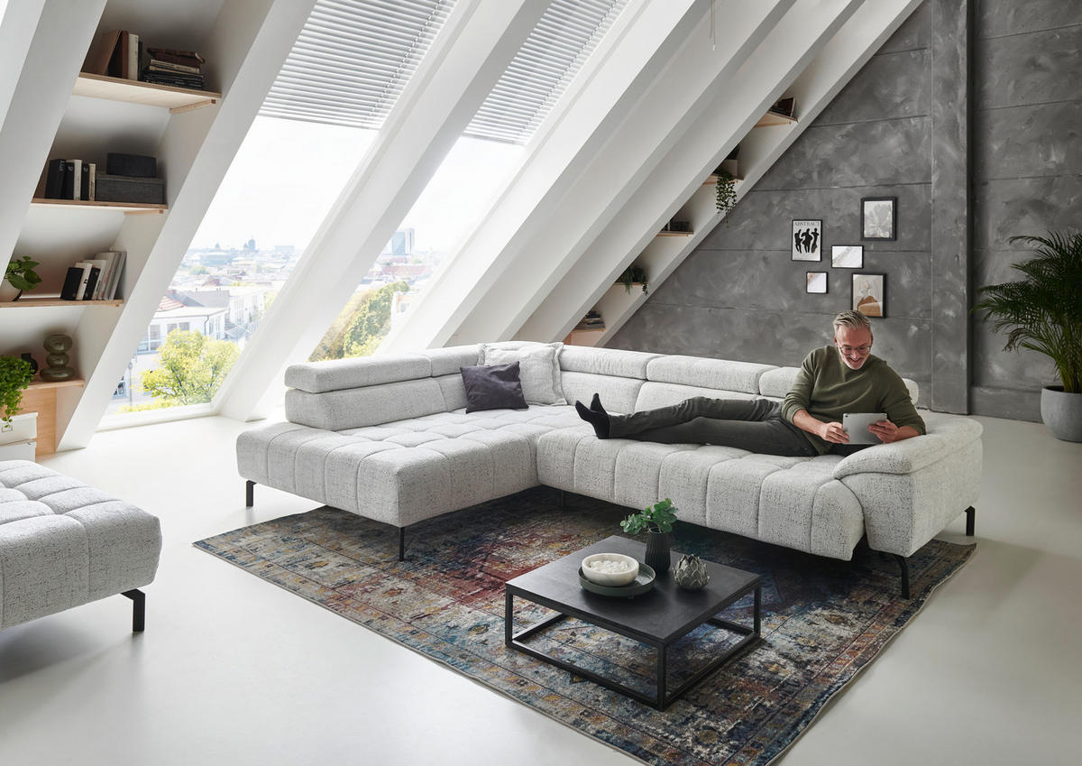 ECKSOFA in Chenille Grauweiss  - Schwarz/Grauweiss, Design, Textil/Metall (222/323cm) - Beldomo Style