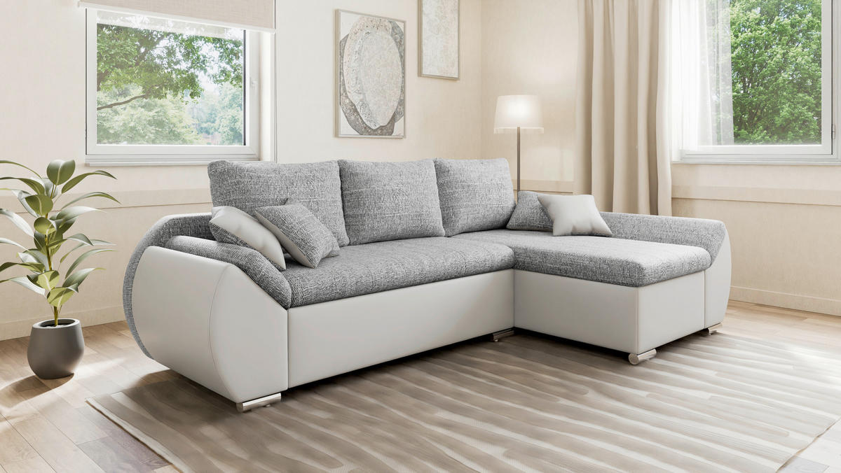ECKSOFA  AURO Grau, Weiß  - Silberfarben/Weiß, Design, Kunststoff/Textil (275/155cm) - MID.YOU
