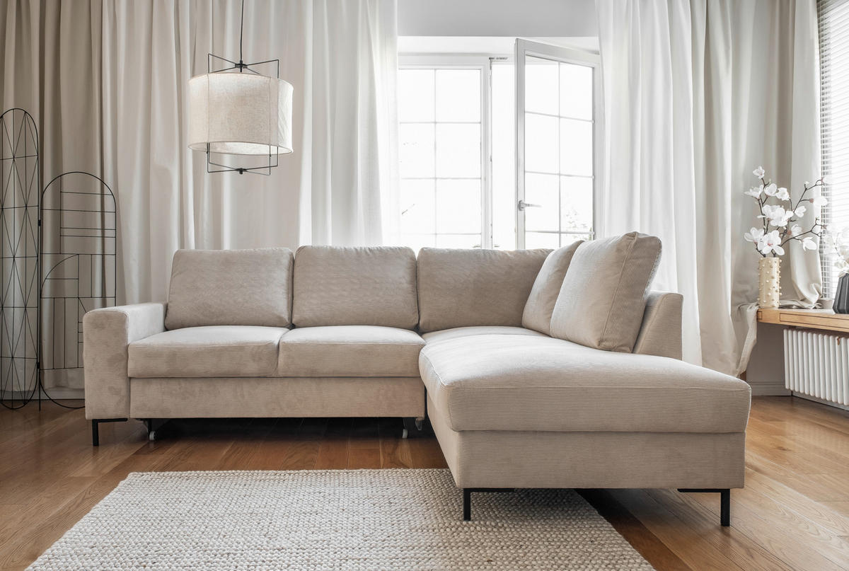 ECKSOFA in Cord Beige  - Beige/Schwarz, Design, Textil/Metall (237/197cm) - MID.YOU