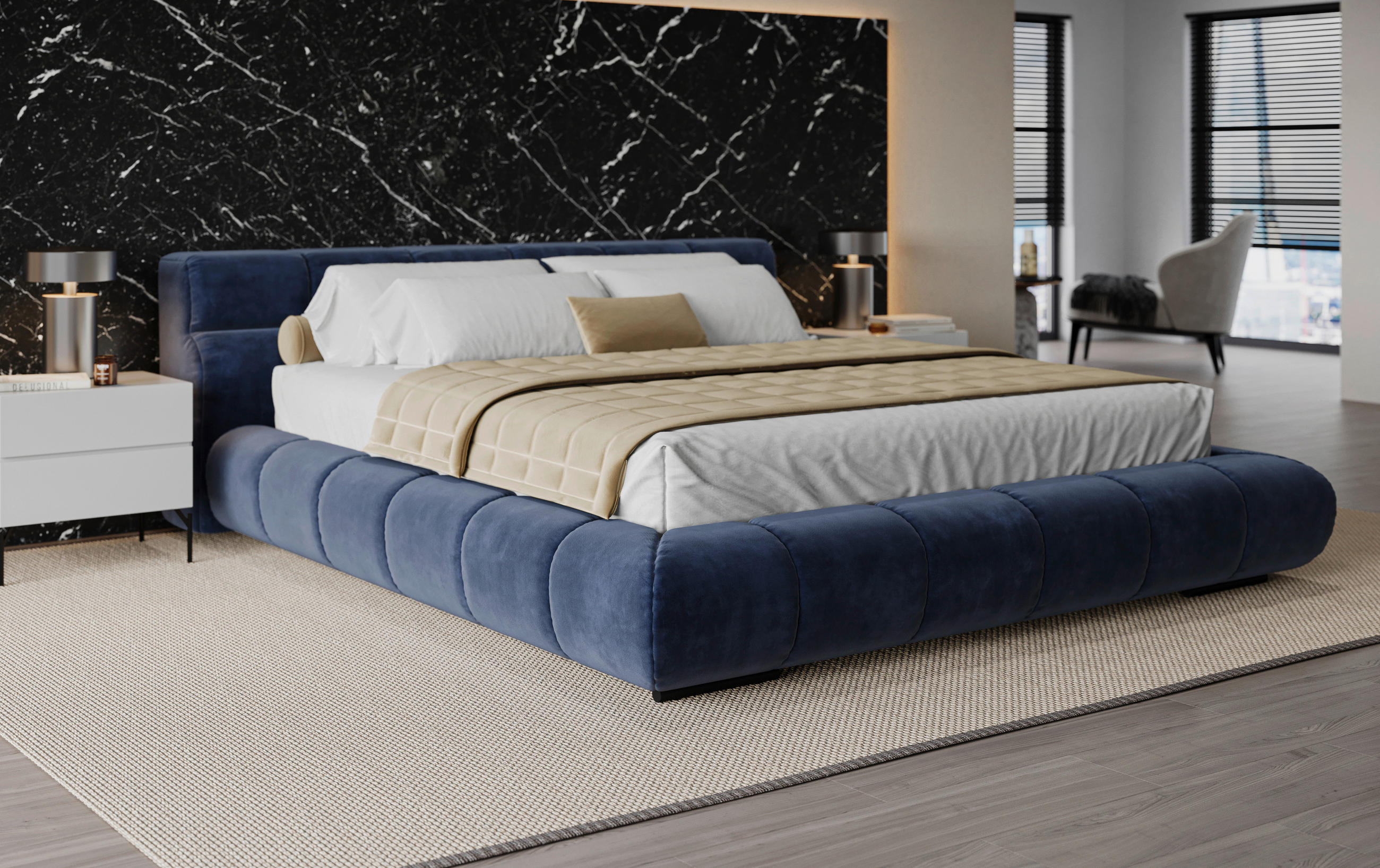 POLSTERBETT 180/200 cm,  in Blau,  - Blau/Schwarz, Design, Textil/Metall (180/200cm) - Belluti