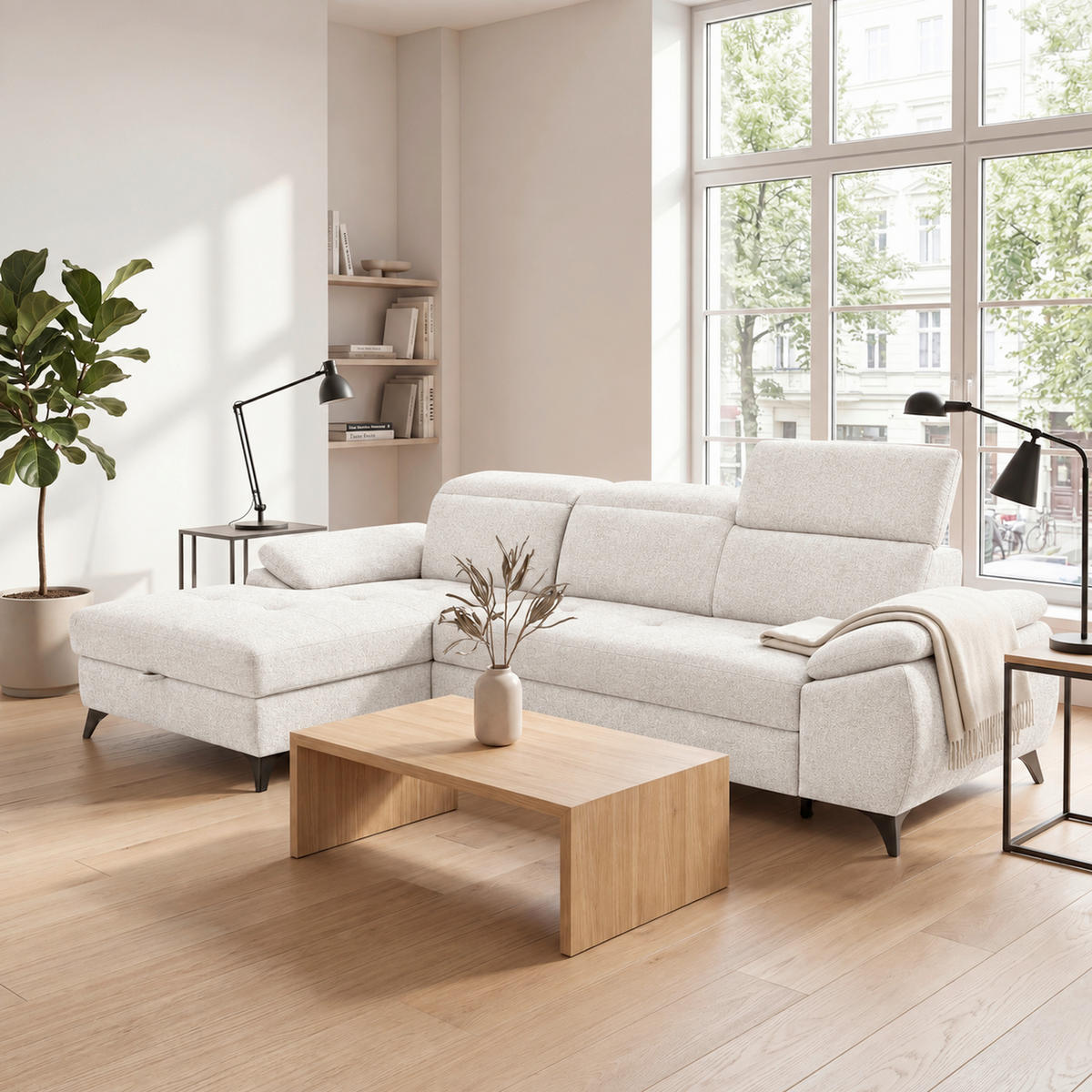 ECKSOFA  Struktur Creme, Weiss  - Weiss/Creme, Basics, Holz/Holzwerkstoff (281/166cm) - MID.YOU