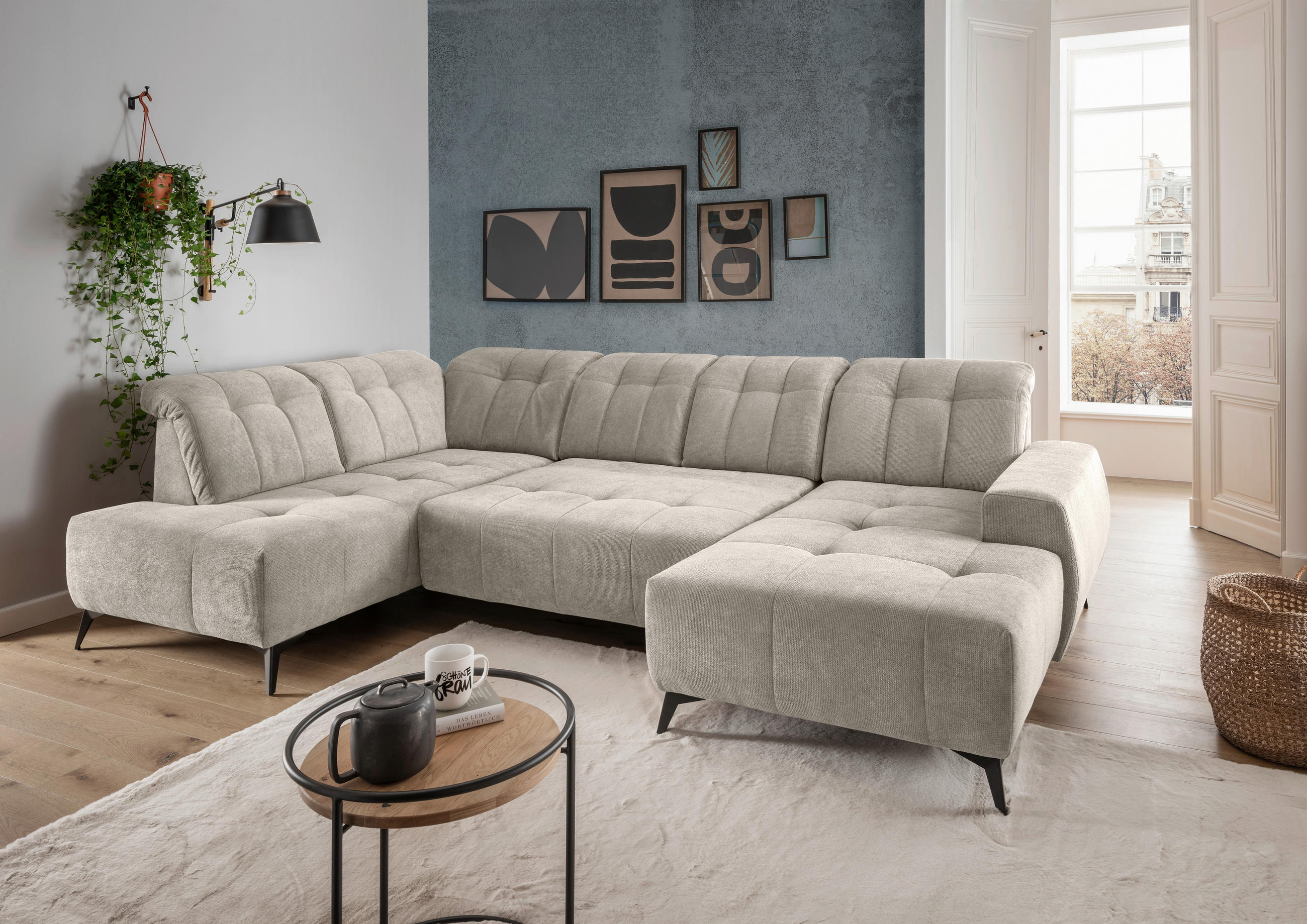 WOHNLANDSCHAFT SANO Beige Chenille  - Beige/Schwarz, MODERN, Textil/Metall (200/337/180cm) - Livetastic