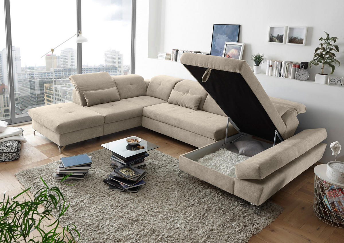 WOHNLANDSCHAFT in Mikrovelours Sandfarben  - Sandfarben/Silberfarben, Modern, Textil/Metall (245/350/168cm) - MID.YOU