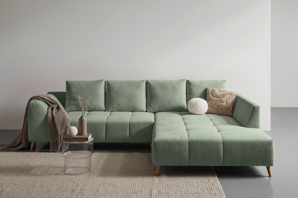 ECKSOFA Hellgrün Flachgewebe  - Buchefarben/Hellgrün, KONVENTIONELL, Holz/Textil (306/202cm) - Carryhome