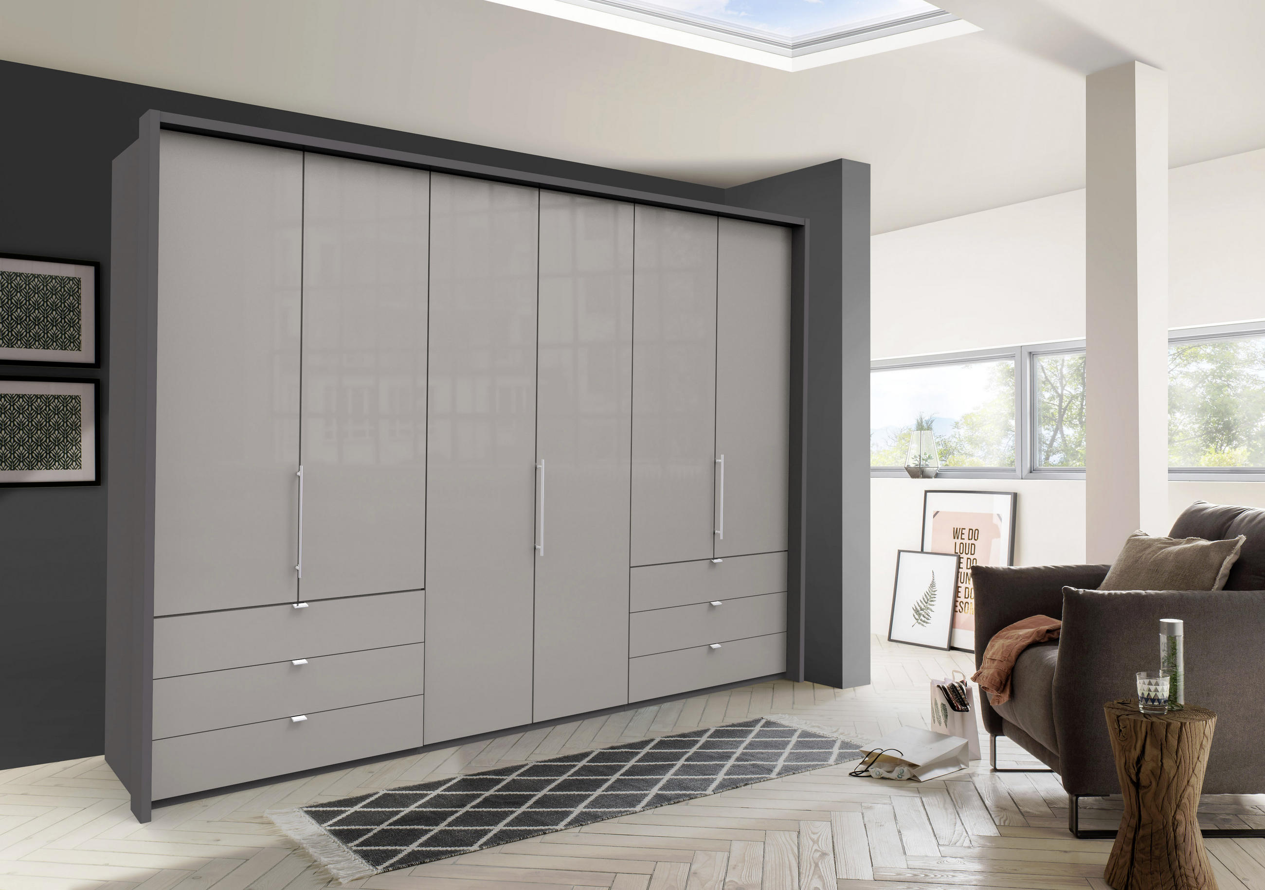 FALTTÜRENSCHRANK 300/216/58 cm 3-türig Hellgrau, Dunkelgrau  - Chromfarben/Dunkelgrau, KONVENTIONELL, Glas/Holzwerkstoff (300/216/58cm) - Venda