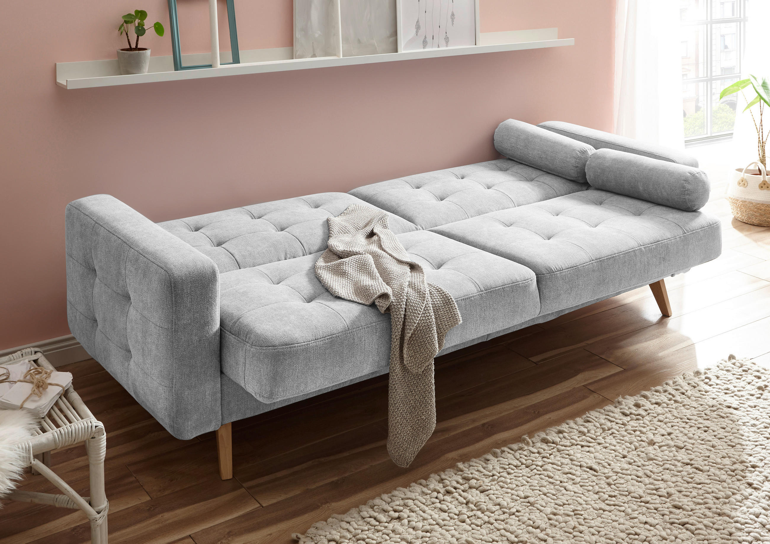 SCHLAFSOFA Mikrovelours Silberfarben  - Eichefarben/Silberfarben, MODERN, Holz/Textil (222/86/90cm) - MID.YOU