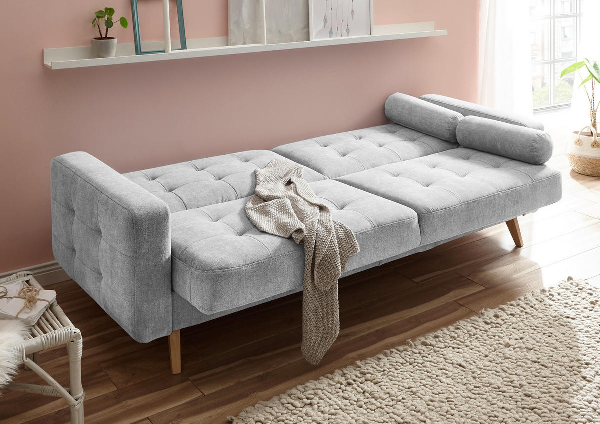 SCHLAFSOFA in Mikrovelours Silberfarben  - Eichefarben/Silberfarben, Modern, Holz/Holzwerkstoff (222/86/90cm) - MID.YOU