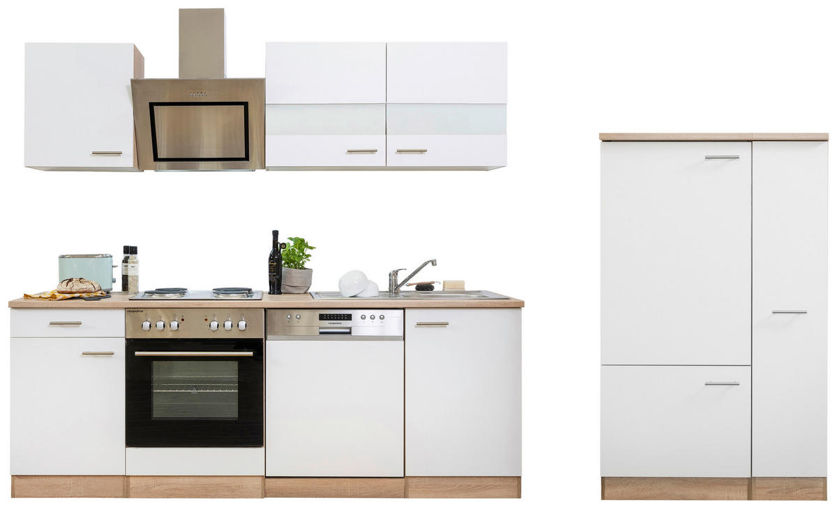 KÜCHENBLOCK 310 cm   in Weiß  - Edelstahlfarben/Eichefarben, Basics, Holzwerkstoff/Metall (310cm) - Respekta