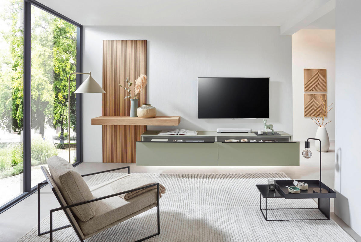 WOHNWAND  in Eichefarben, Olivgrün  322/210/49 cm  - Eichefarben/Schwarz, Design, Holzwerkstoff/Metall (322/210/49cm) - Celina Home