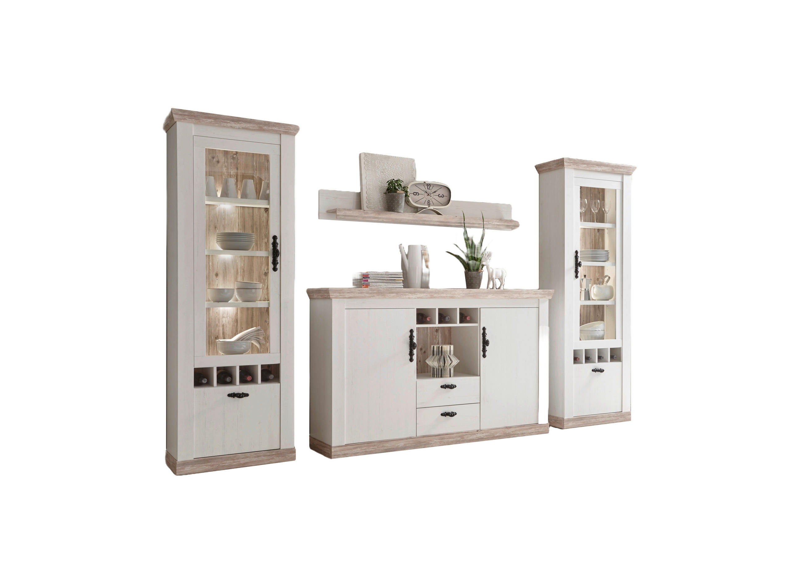 WOHNWAND 4-teilig  in Pinienfarben, Hellbraun  330/201/44 cm  - Hellbraun/Eichefarben, Design, Holzwerkstoff/Metall (330/201/44cm) - MID.YOU