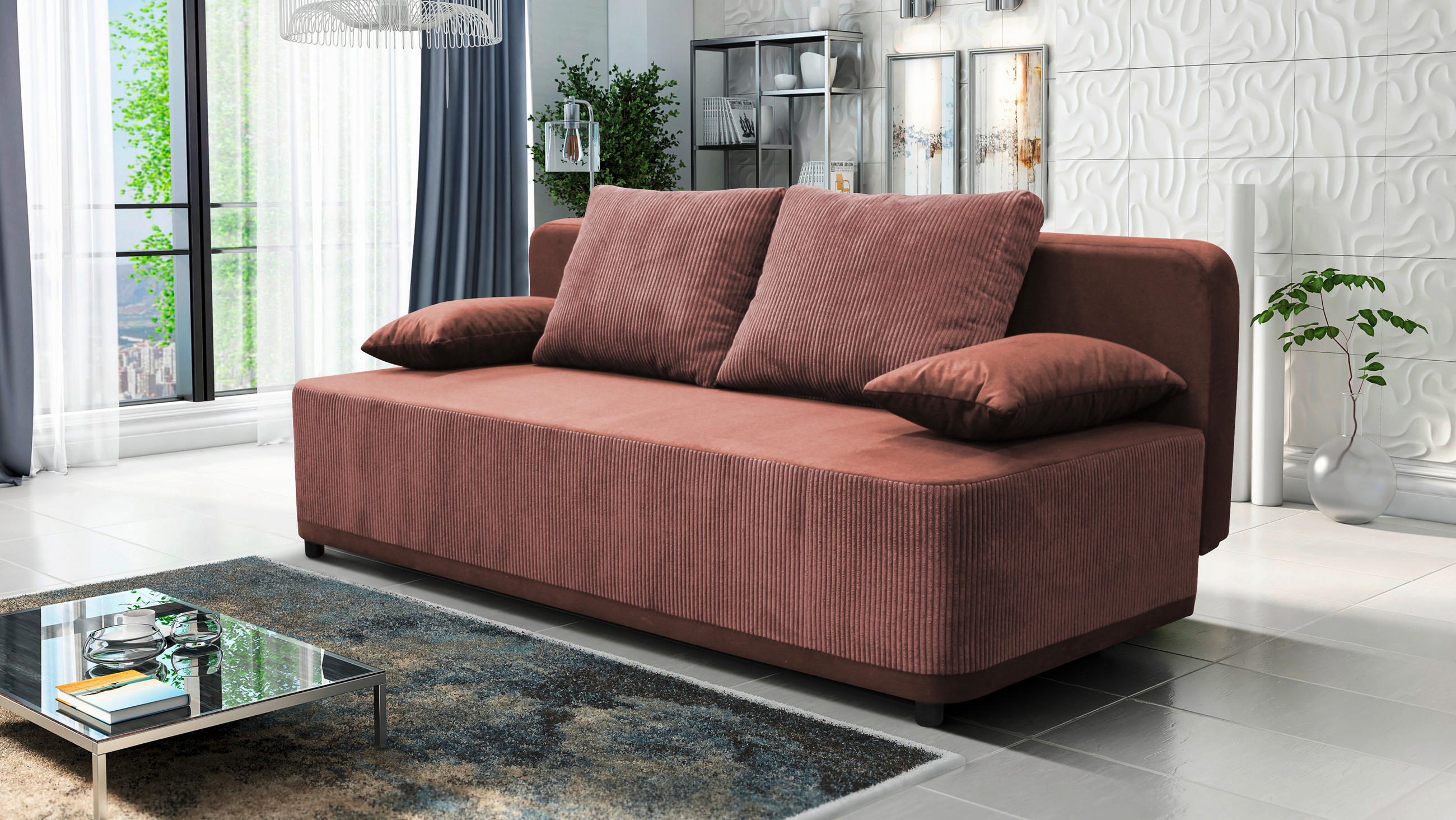 SCHLAFSOFA Velours Koralle  - Koralle/Schwarz, Design, Kunststoff/Textil (197/90/83cm) - MID.YOU