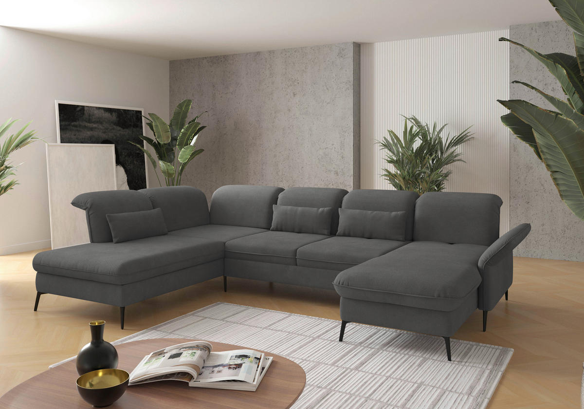 WOHNLANDSCHAFT Grau Flachgewebe  - Schwarz/Grau, KONVENTIONELL, Textil/Metall (231/359/198cm) - Sit & More