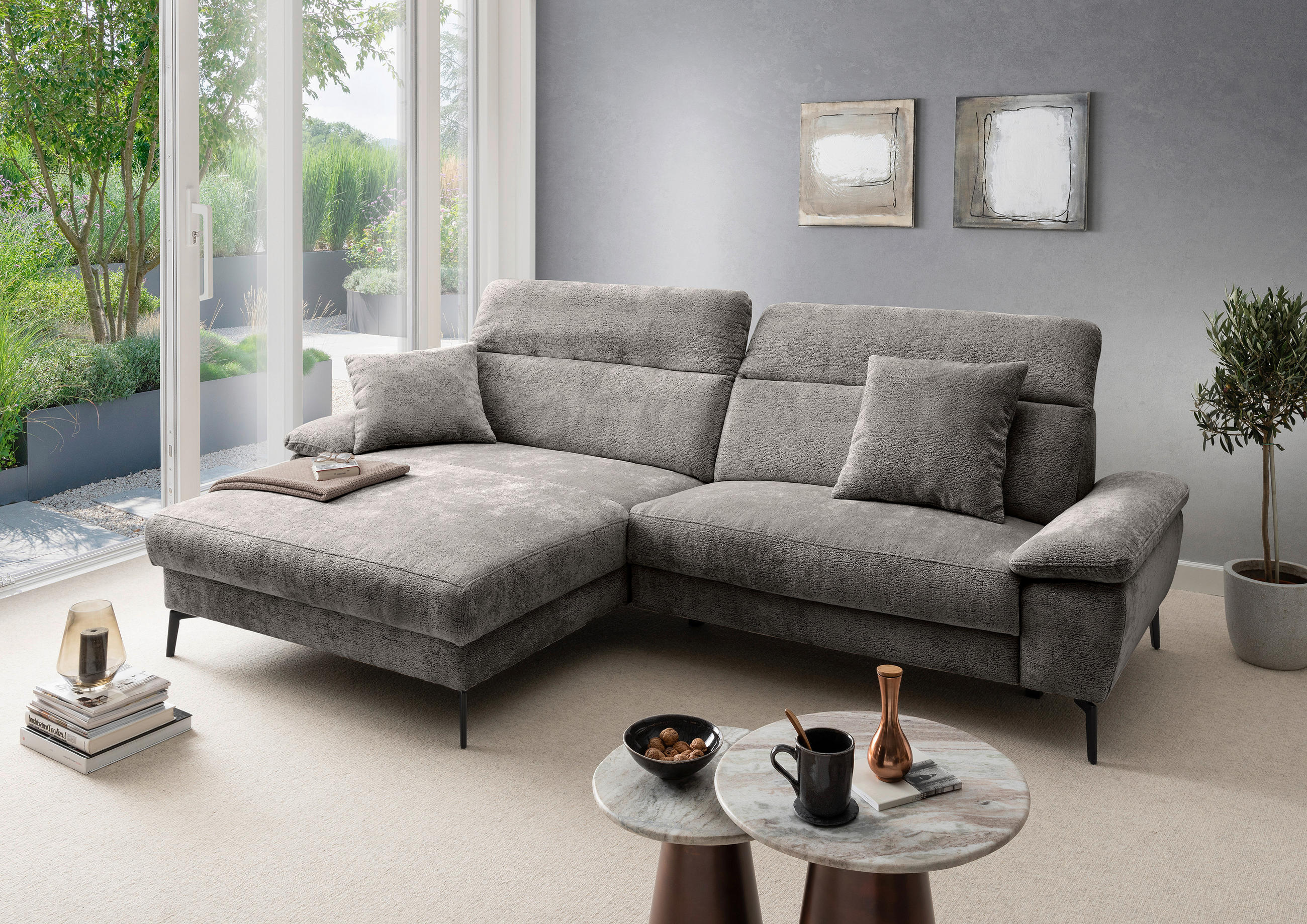 ECKSOFA Chenille Anthrazit  - Anthrazit/Schwarz, Konventionell, Textil/Metall (178/300cm) - Livetastic