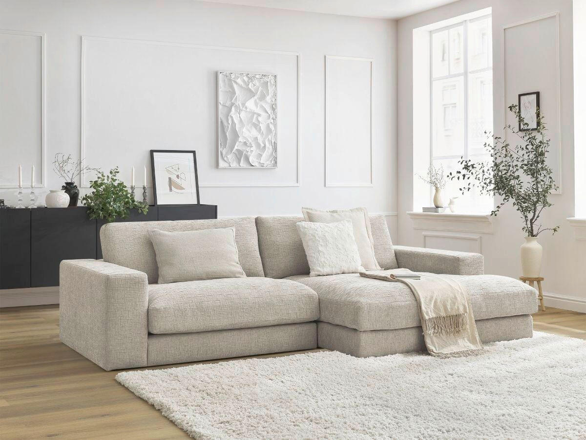ECKSOFA Ottomane rechts  LEONARD  Beige Struktur  - Beige/Schwarz, MODERN, Kunststoff/Textil (274/159cm)