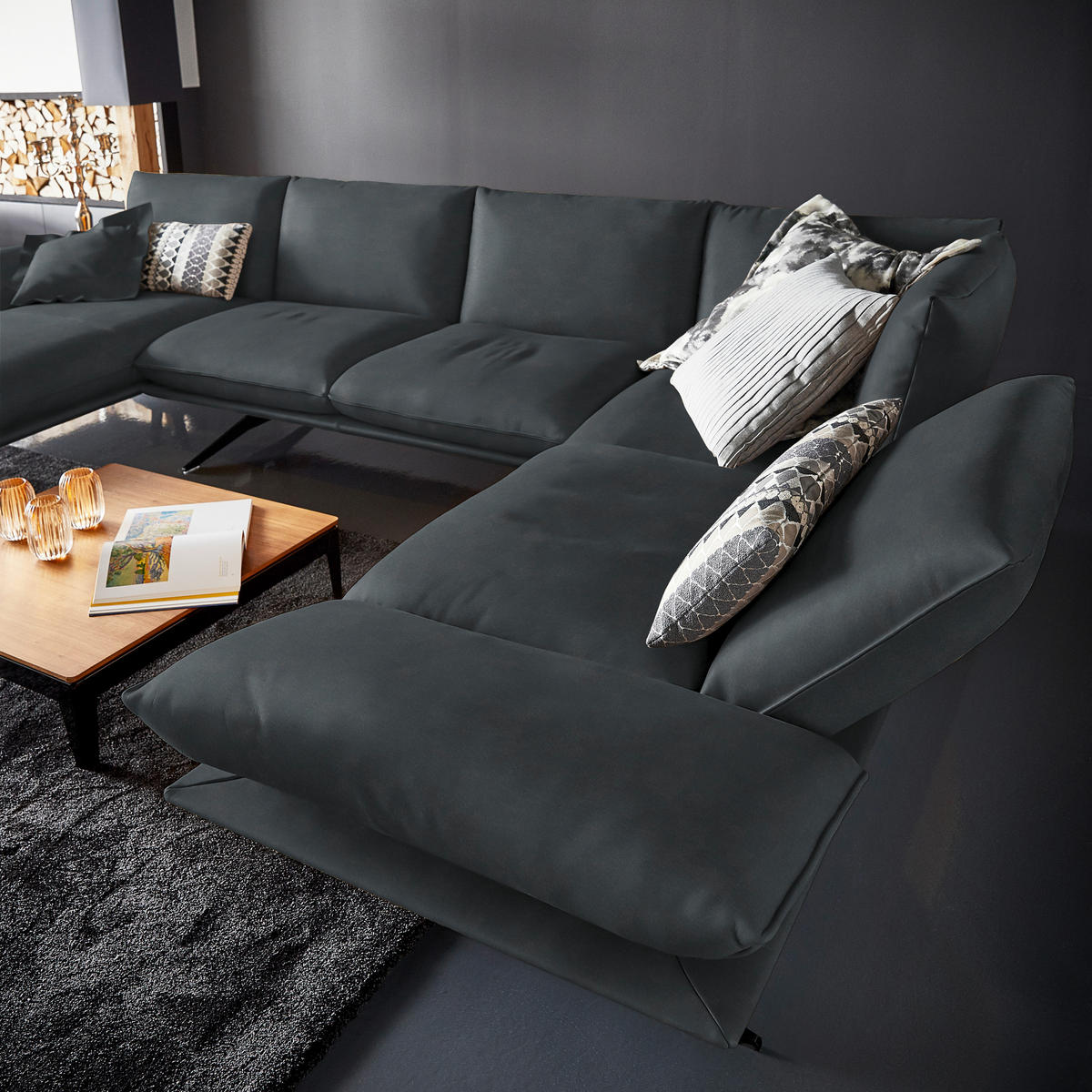 WOHNLANDSCHAFT in Echtleder Grau  - Schwarz/Grau, Natur, Leder/Metall (155/359/217cm) - Dieter Knoll