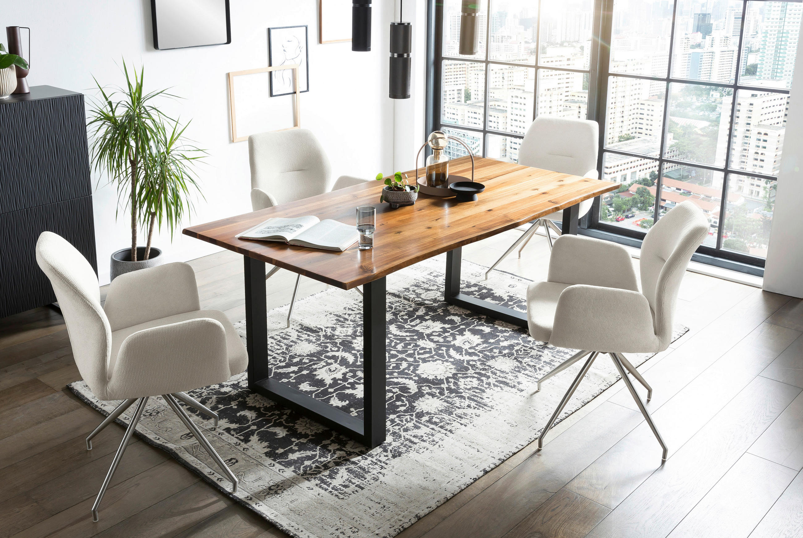 TISCHGRUPPE in Holz, Metall, Textil Creme, Cognac  - Cognac/Silberfarben, MODERN, Holz/Textil (160/85/77cm) - Livetastic