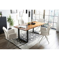 TISCHGRUPPE Struktur Akazie massiv Creme, Cognac  - Cognac/Silberfarben, MODERN, Holz/Textil (160/85/77cm) - Livetastic