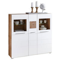 HIGHBOARD Weiß, Eichefarben  140/135/37 cm  - Chromfarben/Eichefarben, KONVENTIONELL, Glas/Holz (140/135/37cm) - Hom`in