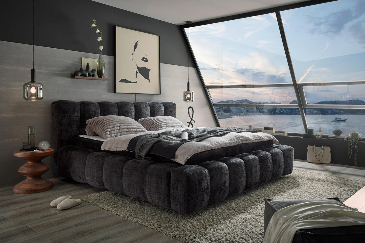 POLSTERBETT 180/200 cm, inkl. gepolstertes Kopfteil,  in Schwarz  - Schwarz, MODERN, Kunststoff/Textil (180/200cm) - MID.YOU