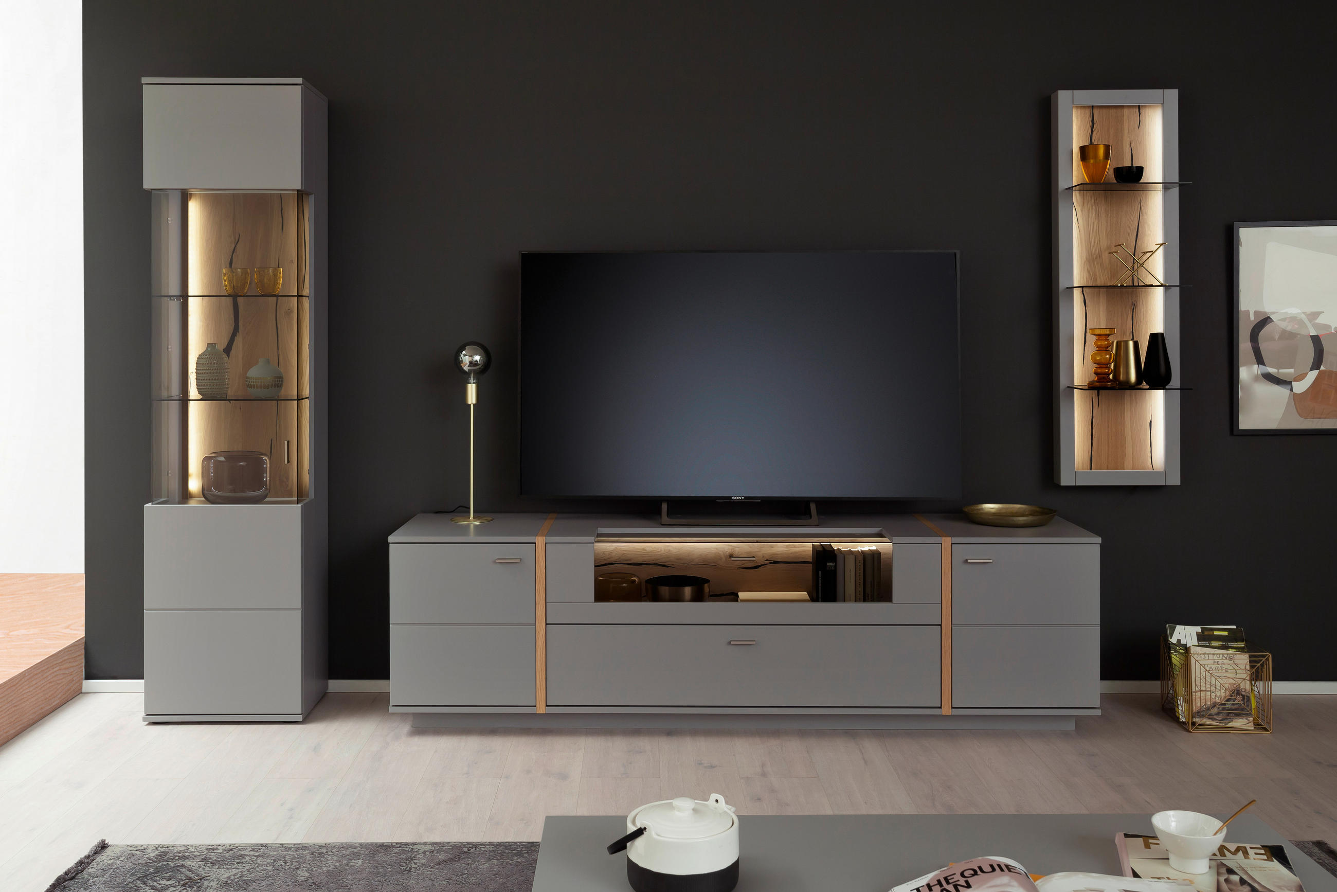 WOHNWAND  in Grau, Eichefarben  316/207/50 cm  - Eichefarben/Schwarz, Design, Glas/Holzwerkstoff (316/207/50cm) - MID.YOU